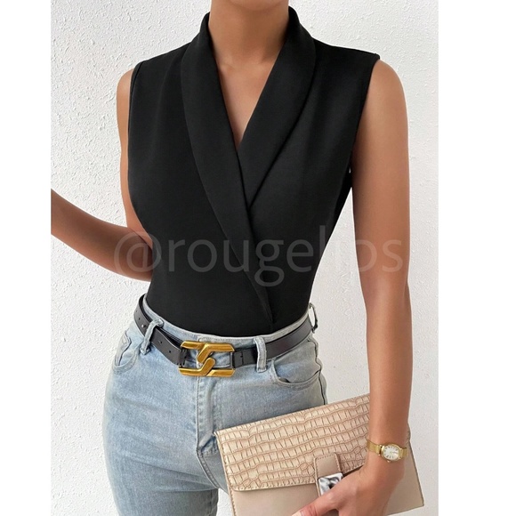 Black Bodysuit V-Neck Shawl Neck Collar Sleeveless - Picture 6 of 9